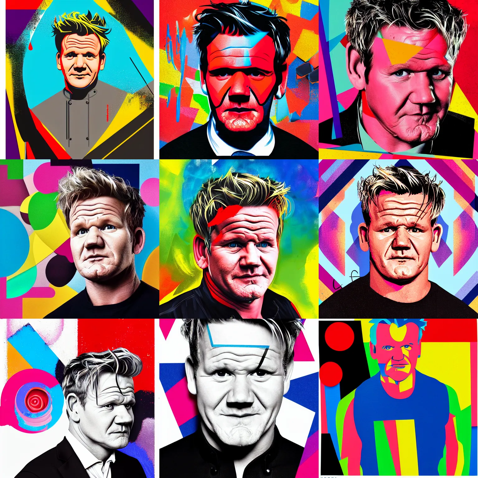 Prompt: A portrait of Gordon Ramsay, geometric shapes, rounded corners, candy colors, spray paint, bold graphics