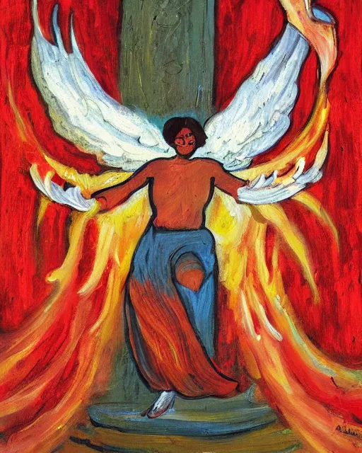 Image similar to a painting of an angel burning it’s wings. In the style of James a Jean.