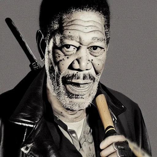 Prompt: photo of Morgan Freeman dressed as Negan, mischievous look with his barbed baseball bat Lucille, in the style of George Hurrell, white fog, octane render