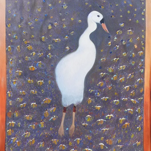 Prompt: oil painting of a goose with dozens of eyes all over its body