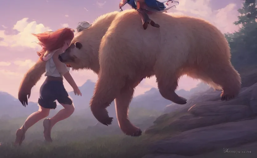 Image similar to a girl riding a grizzly bear, full shot, atmospheric lighting, detailed faces, by makoto shinkai, stanley artgerm lau, wlop, rossdraws