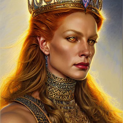 Image similar to highly detailed portrait of a majestic lioness queen in the form of a beautiful woman. d & d. art by donato giancola, arthur adams, anna dittmann, alberto vargas. trending on artstation, intricate details, energetic composition, golden ratio, concept art, illustration, elegant art, global illuminaition