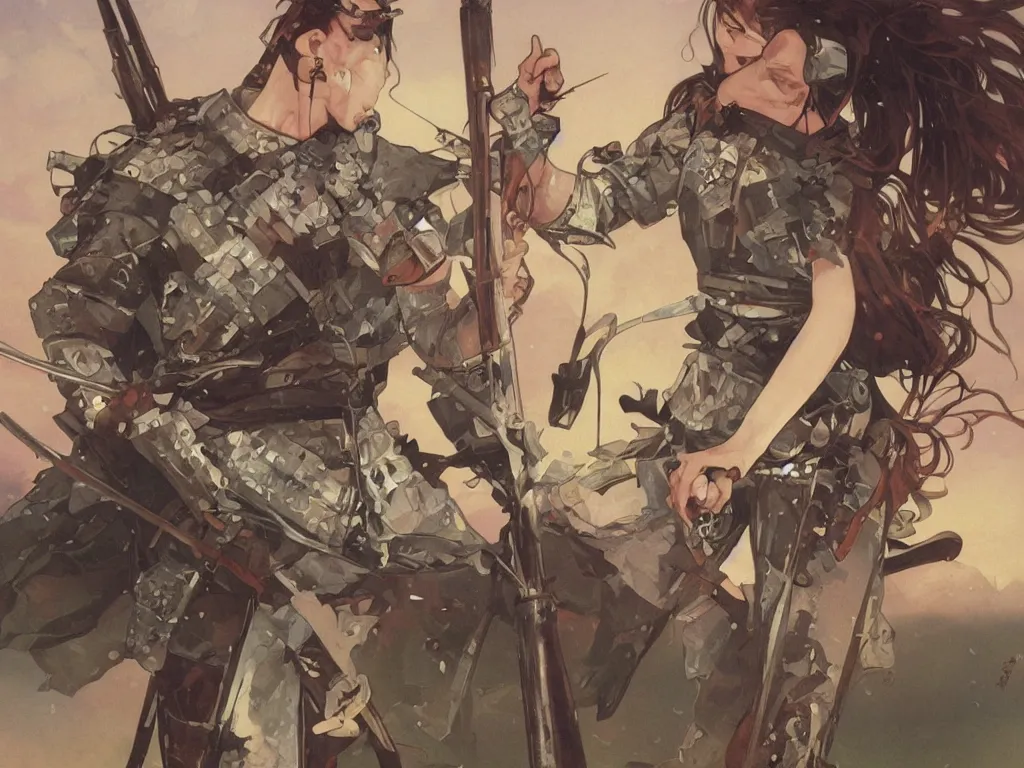 Image similar to wounded samurai in full armor on a battlefield, dusk, by fiona staples, range murata, alphonse mucha