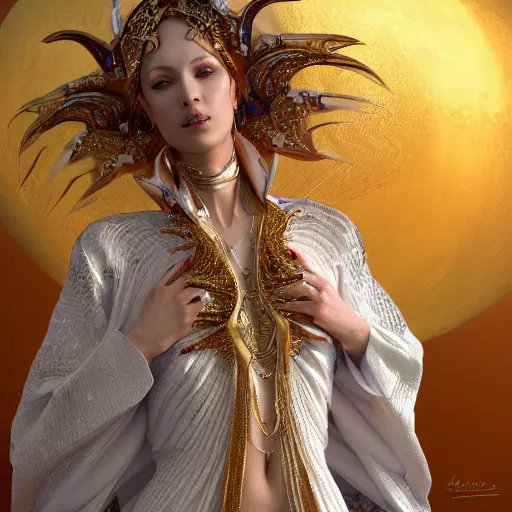 Image similar to a beautiful woman wearing white kaftan with golden ornaments by alex gray and android jones , Karol Bak, Ayami Kojima, Amano , concept art, character design, fantasy,3D, 8k resolution