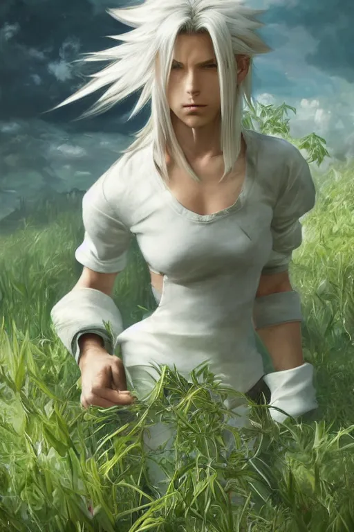 Image similar to cloud from final fantasy 7, battle stance , highly detailed, in a magical lush field of overgrown plants, digital painting, artstation, concept art, smooth, sharp focus, illustration, cinematic lighting, art by artgerm and greg rutkowski and alphonse mucha