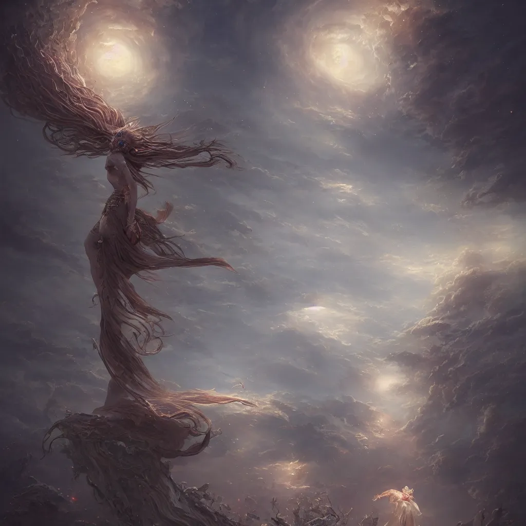 Image similar to fantasy illustration of a goddess of world full of life, divine thrill of the biological tranquil sky, spirits wavering, feelings are shaking, atoms floating, by greg rutkowski, horror, intricate, elegant, highly detailed, digital painting
