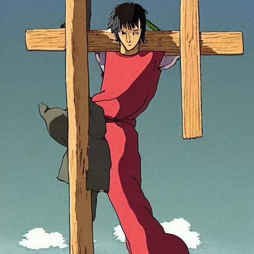 Image similar to poster of a bloodied Jesus carrying his cross, Studio Ghibli