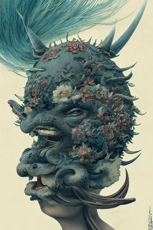 Image similar to a portrait of a japanese devil animal illustrated by miyazaki by karol bak, james jean, tom bagshaw, rococo, sharp focus, trending on artstation, cinematic lighting, hyper realism, octane render, 8 k, hyper detailed, vivid, ultra detailed, highly detailed