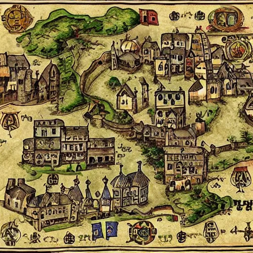 Prompt: pretty medieval map of markiplier town