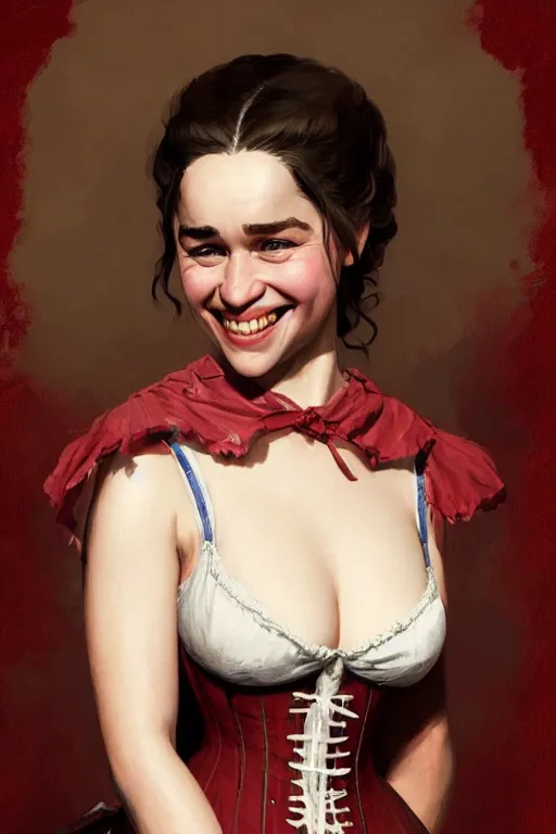 Prompt: Emilia Clarke smiling warmly in a 1800s American Corset in Red Dead Redemption, only two hands, highly detailed, digital painting, artstation, concept art, smooth, sharp focus, illustration, Unreal Engine 5, 8K, art by art by artgerm and greg rutkowski and edgar maxence