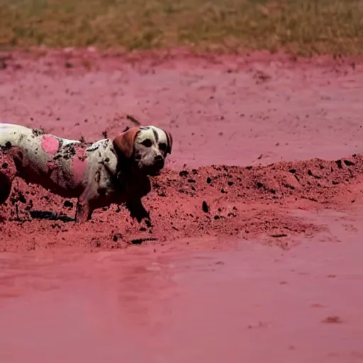 Image similar to a dirty dog in pink mud. photo