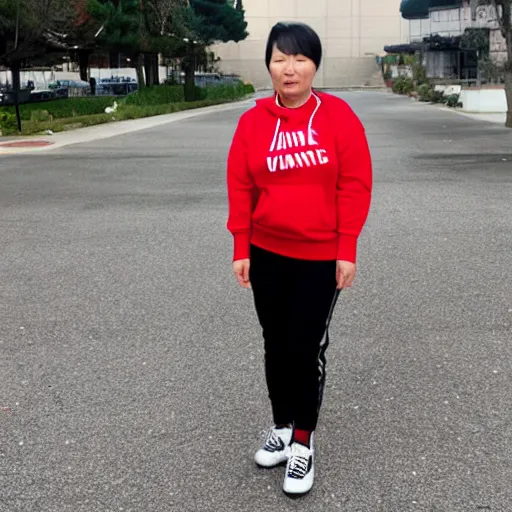 Image similar to chinese canadian woman wearing a red sweatshirt unzipped with a white shirt under it and black skirt with white sneakers.