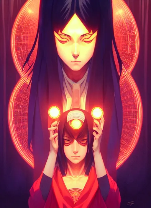 Image similar to symmetry!! itachi, glowing lights!! intricate, elegant, highly detailed, digital painting, artstation, concept art, smooth, sharp focus, illustration, art by artgerm and greg rutkowski and alphonse mucha