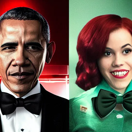 Image similar to realistic photo of obama with red hair wearing a black sweater and a green bow tie, still from riverdale