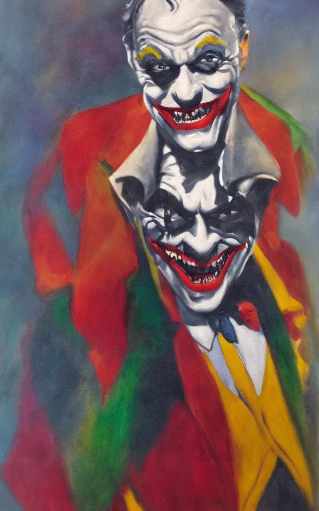 Image similar to portrait of conrad veidt the man who laughs joker grin, award winning oil painting, sharp color palette