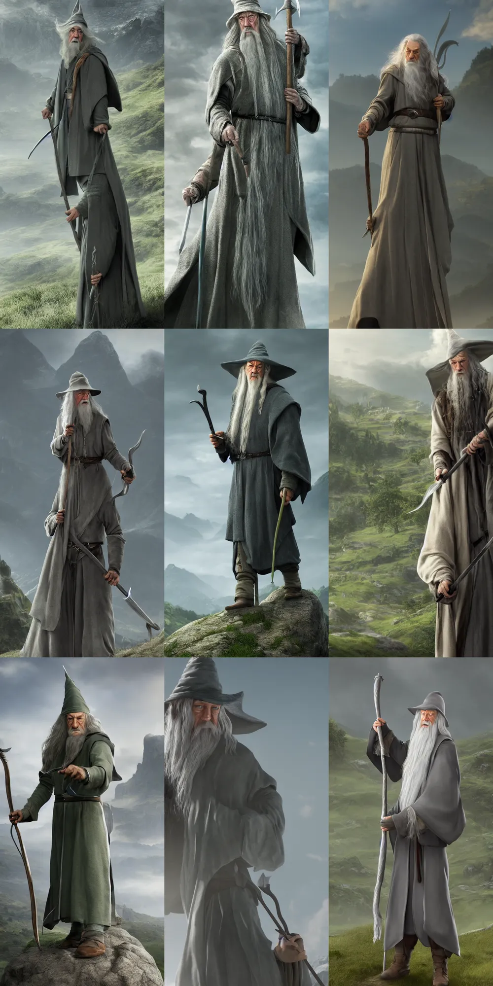 Prompt: character Gandalf Gray with a staff in his hands and a hat, green hills in the background. Detailed and realistic, 4k, top-artstation, inspired lord of the rings, octane render