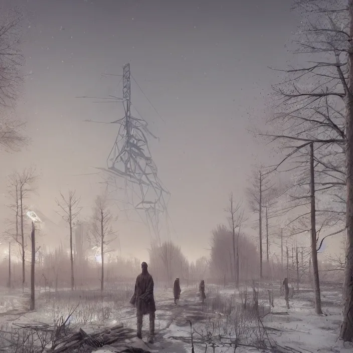 Prompt: a beautiful painting of winter in pripyat by simon stalenhag and zdzisław beksinski and rene magritte and greg rutkowski, in style of digital art. hyper detailed, sharp focus, soft light. unreal engine 5. ray tracing. trending on artstation