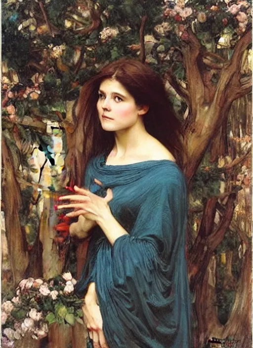 Prompt: beautiful belinda hitchcock, in heaven with the angels, oil painting, john william waterhouse