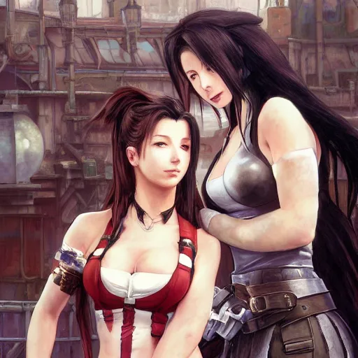 Image similar to a painted portrait of tifa lockhart and aerith gainsborough from final fantasy 7, standard clothing from the conceptual art, the midgard steam punk city as backdrop, by greg rutkowski, artgerm, wlop, ruan jia, krenz cushart, alphonse mucha, rain, fog, unreal engine 5