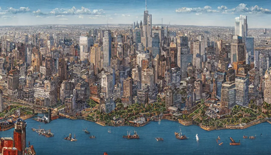 Image similar to view of downtown new york from the upper bay as a medieval city, digital art, medieval, fantasy, highly detailed, intricate, beautiful, concept art, art by julien gauthier, trending on artstation