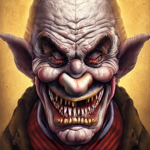 Prompt: digital painting of a wrinkled old scary clown by filipe pagliuso and justin gerard, fantasy, highly, detailed, realistic, intricate