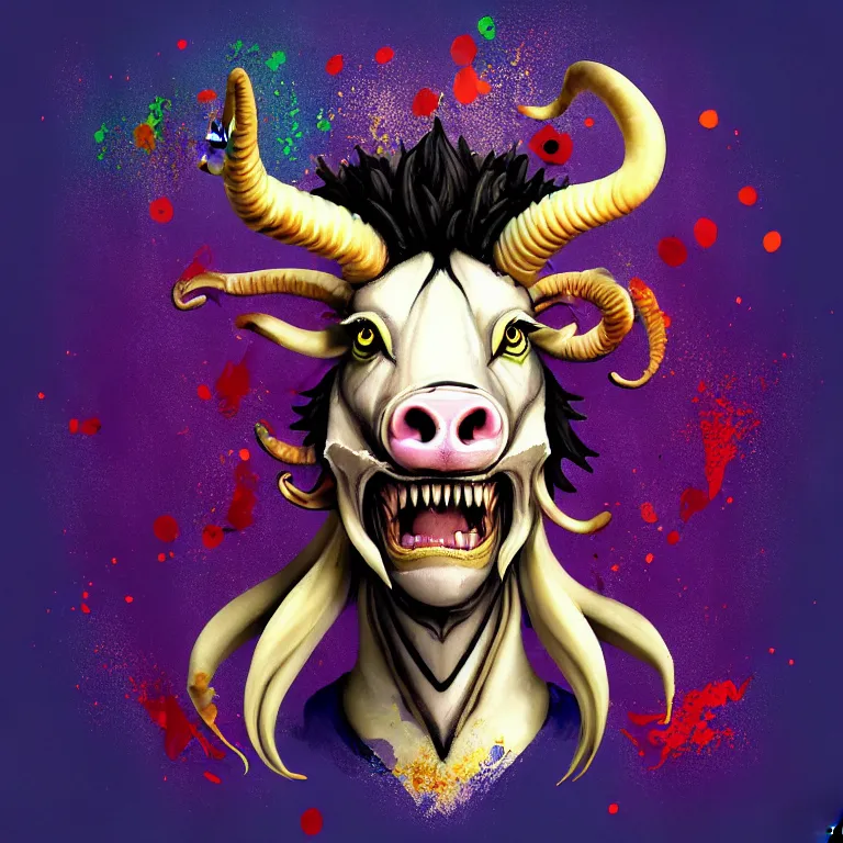 Prompt: game avatar design, cute xenomorph, cow head, lion mane, pig nose, sheep horns, splatter paint, desaturated rainbow color palette, symmetrical, golden ratio, rule of thirds, passport