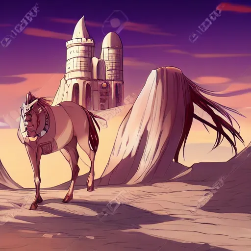 Image similar to Anime style, desert at night filled with centaurs, tall white tower in the background, HD,