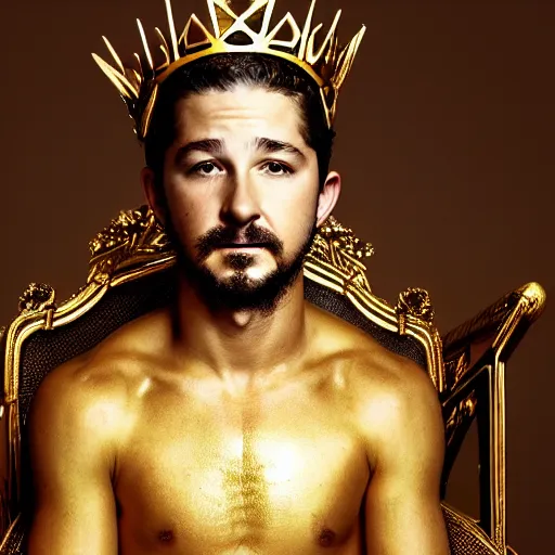 Prompt: HQ photo face picture of Shia Labeouf sitting on a throne wearing a golden crown