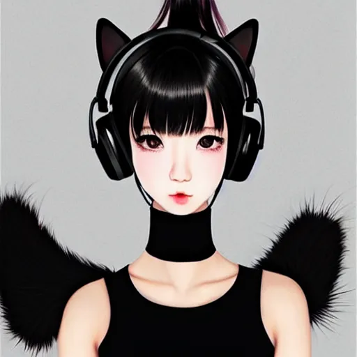 Image similar to realistic beautiful gorgeous natural cute Blackpink Lalisa Manoban black hair cute fur black cat ears, wearing white camisole, headphones, black leather choker artwork drawn full HD 4K highest quality in artstyle by professional artists WLOP, Taejune Kim, Guweiz on Artstation Pixiv