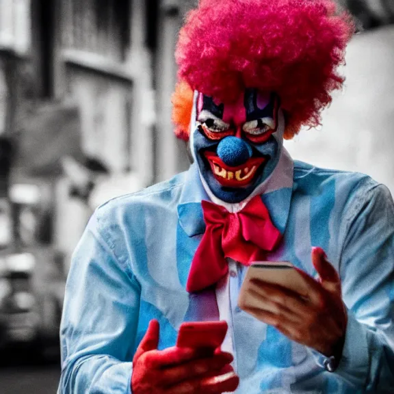 Image similar to clown crying while browsing twitter on his phone, photo taken from behind the clown