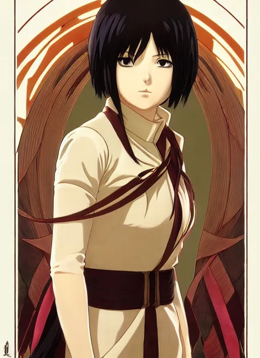 Image similar to portrait of mikasa from aot in odm gear, highly detailed, high quality, digital painting, by studio ghibli and alphonse mucha, leesha hannigan, hidari, art nouveau, chiho aoshima, posuka demizu