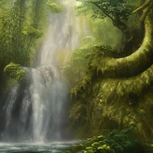 Image similar to a waterfall homogeneous to tears near a tumultuously overgrown jungle, intricately detailed oil painting, trending on artstation, cgsociety contest winner, 4 k quality