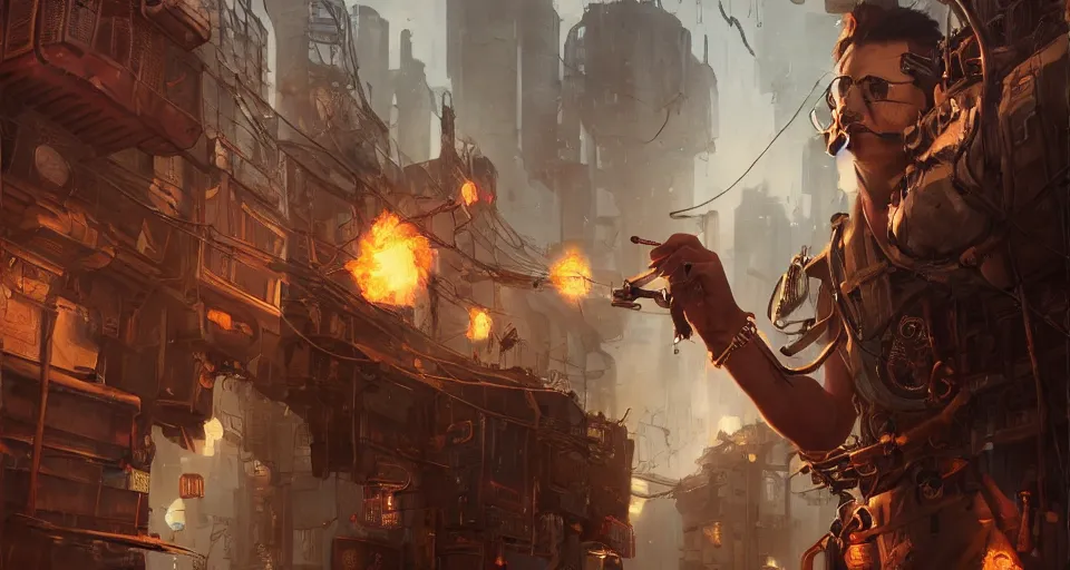 Image similar to a highly detailed epic cinematic concept art CG render digital painting artwork scene: retrofuturistic 1920s cyberpunk steampunk man brutally fused with a smoking combustion engine backpack. By Greg Rutkowski, Ilya Kuvshinov, WLOP, Stanley Artgerm Lau, Ruan Jia and Fenghua Zhong, trending on ArtStation, made in Maya, Blender and Photoshop, octane render, excellent composition, cinematic dystopian brutalist atmosphere, dynamic dramatic cinematic lighting, aesthetic, very inspirational, arthouse