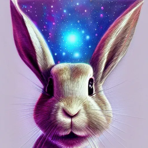 Prompt: rabbit face only, nebula space background, pencil drawing, higher detailed, realistic, pastel, by marc simonetti, art station, soft light
