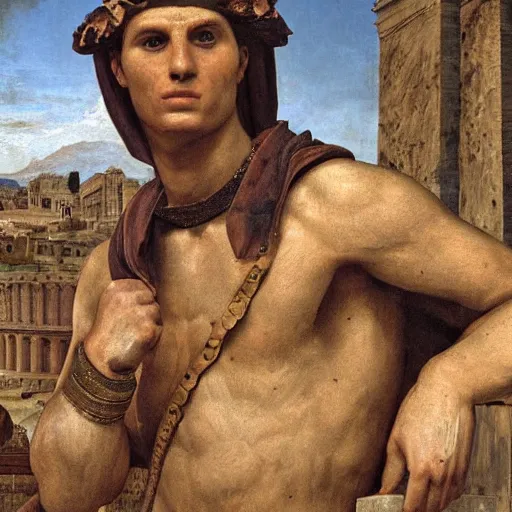 Image similar to Jerma985 in Ancient Rome, detailed, highly detailed, heroic, epic, complex, very detailed, realistic, HD quality, 8k resolution, body and headshot, Oil Painting, Italian Renaissance Painting of Jerma985, Italian Renaissance Painting Style, Renaissance Painting Style, Painting, Trending on Artstation