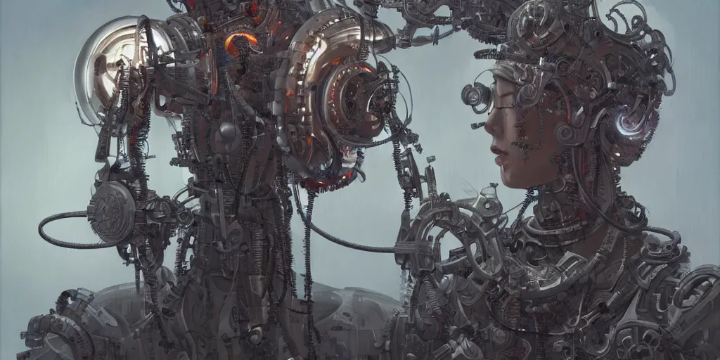 Image similar to hyperrealistic photography of a cyborg priest constructing a religious machine in the style of Jin Kagetsu, James Jean and wlop, highly detailed, masterpiece, award-winning, sharp focus, intricate concept art, ambient lighting, 8k, artstation