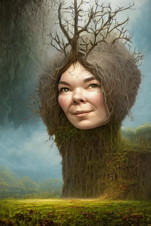 Image similar to bjork portrait by hubert robert and lee madgwick and roger dean and jacek yerka, dan mumford and alex grey style, soft lighting, 4 k hd wallpaper illustration concept joy atmospheric lighting