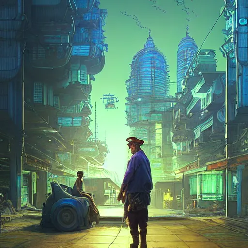 Image similar to A solarpunk very detailed farmer on the street of a very detailed solarpunk city art by Taras Shevchenko, neofuturistic highly detailed, digital art, smooth cyan gold light, sharp focus, Golden Ratio illustration, realistic concept art by Stephen Hickman and James Gurney and Hiromasa Ogura Ghost in the Shell
