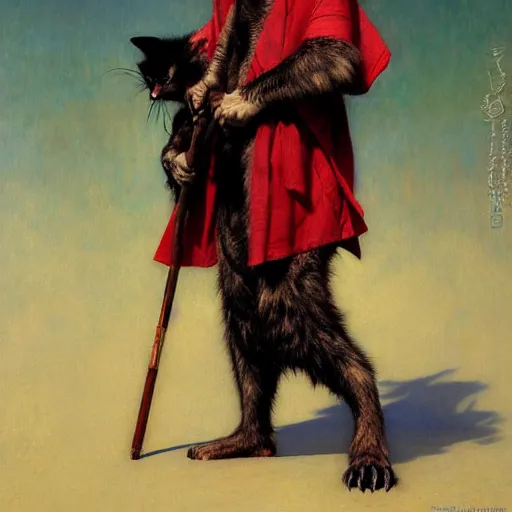 Prompt: a male ninja ratwolfman rat wolf man in a red kimono furry arms furry body walking stick. furaffinity furry art detailed face painting by gaston bussiere craig mullins jc leyendecker gustav klimt artgerm greg rutkowski furry