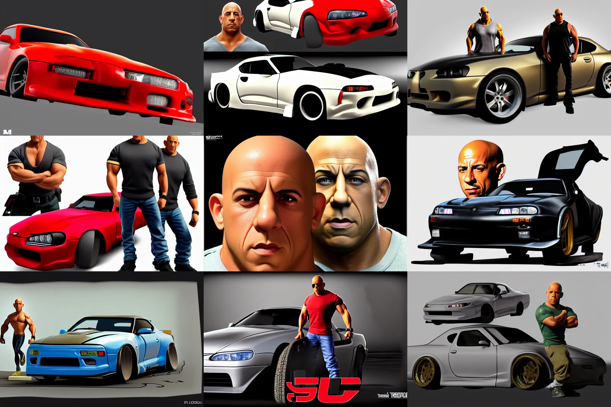 Prompt: a detailed 3d render of Vin Diesel disguised as a Supra from the animated Cars movie, in the style of chris trejo and norman rockwell, ornate, photosynthetic,8k,award winning art, imdb, pixar, dreamworks