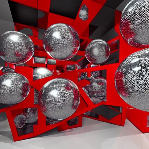 Prompt: chrome spheres on a red cube by jan dirksz both