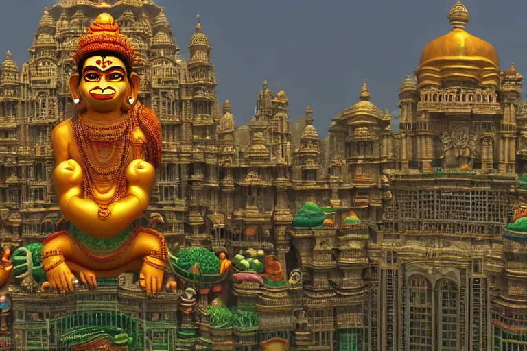 Prompt: high quality 3 d dreamscape! mumbai with biomorphic hanuman!! head building, kalighat highly detailed, unreal engine cinematic smooth, stephen shore & john j. park, soft morning light, wide shot, high angle, uhd 8 k, deep focus