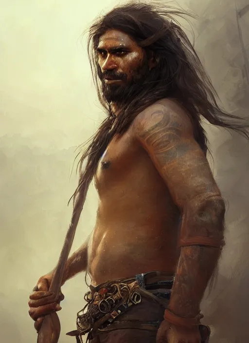 Image similar to portrait painting of a 3 0 year old rugged indigenous aboriginal male, long hair, rugged, unreal render cinematic lighting, bussiere rutkowski andreas rocha