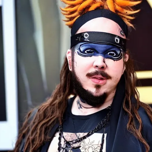 Image similar to post Malone cosplaying as Naruto, incredible outfit, high fashion,