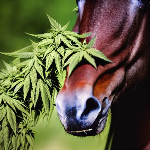 Image similar to close up photograph of very high on weed humanoid horse, stoner eyes, the humanoid horse smoked weed, weed background, smoking a blunt, 8 k resolution