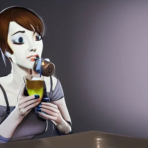 Image similar to photo of glados ( from portal ) drinking tea, realistic, sharp focus