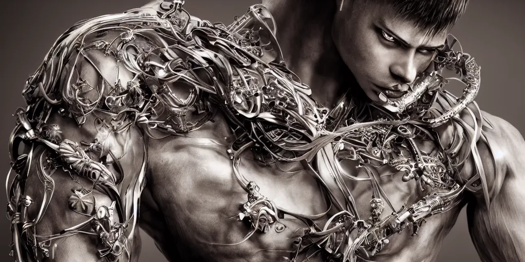 Image similar to hyper realistic photography of a stunningly beautiful cyborg male, plated arm, intimate, chest, holding close, ribbons, in the style of beth cavener, jin kagetsu,, and wlop, highly detailed, intricate filigree, symmetry, masterpiece, award winning, sharp focus, concept art, highkey lighting, ambient lighting, octane render, 8 k, artstation