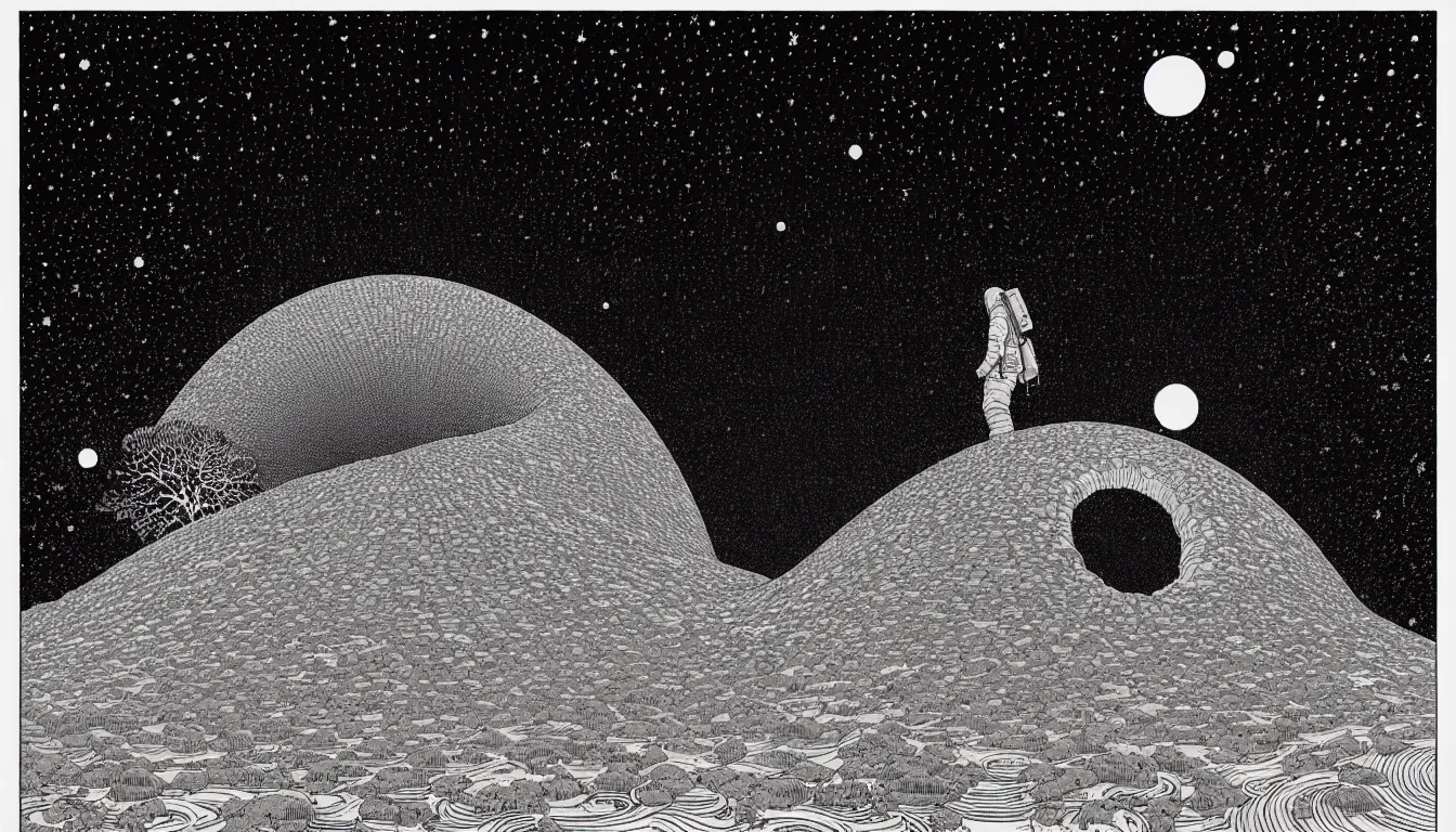 Prompt: gazing up into the cosmos by woodblock print, nicolas delort, moebius, victo ngai, josan gonzalez, kilian eng