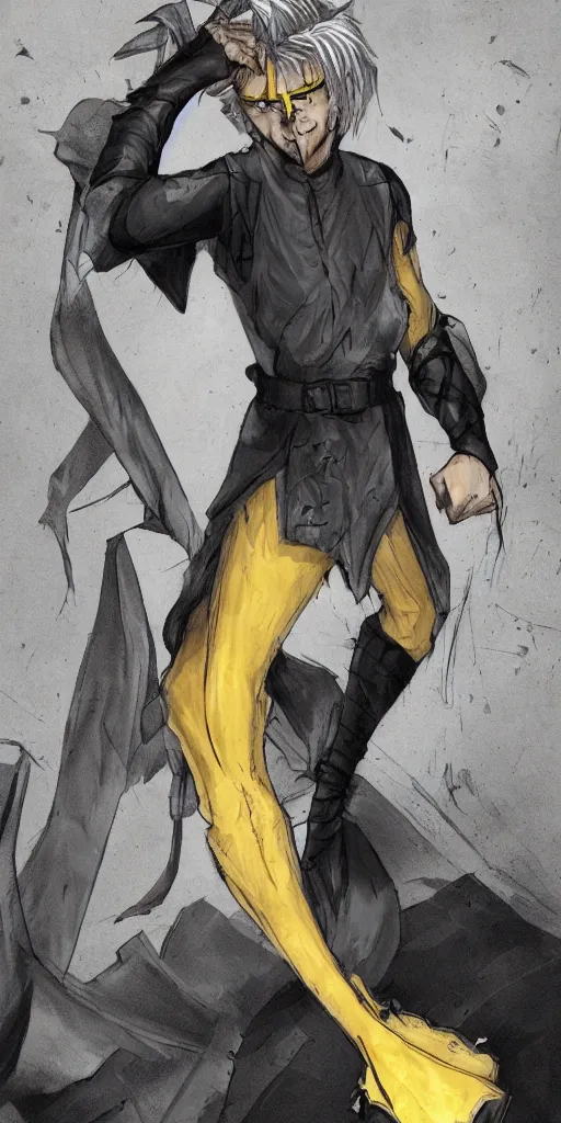 Image similar to Photo of the character with pale ash-colored skin, yellow cat-eye, black thick hair with a touch of gray to the shoulders, with neat stubble, similar to a small beard and with a strong build. He wore a plain old shirt, with a light leather armor over it, and leather pants with a belt, and a floor-length hooded cloak over his back, beautiful light, cinematic, sharp focus, digital art, full body, elegant, highly detailed, 8k, photorealism