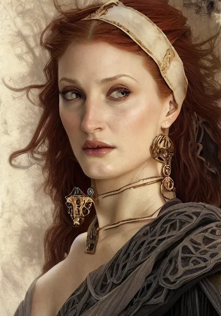 Prompt: sansa angeline jolie gessica chastain mummy skeleton goddess of death, intricate, elegant, highly detailed, digital painting, artstation, concept art, smooth, sharp focus, illustration, art by artgerm and greg rutkowski and alphonse mucha and william - adolphe bouguereau